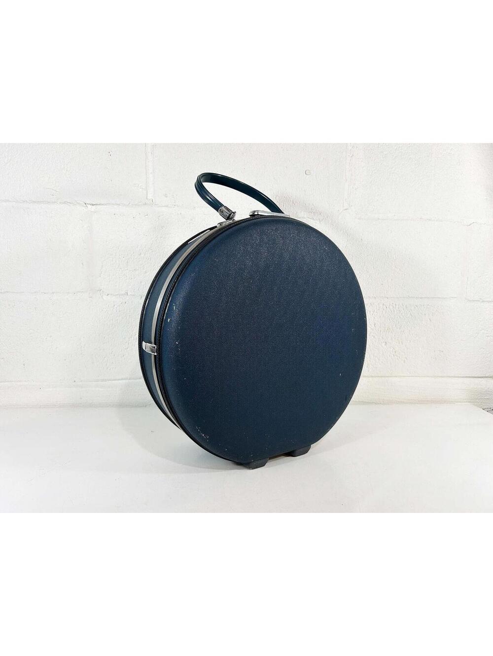 Vintage Blue Round Suitcase Train Case Bag Silver Luggage Travel Tiara 1960s
